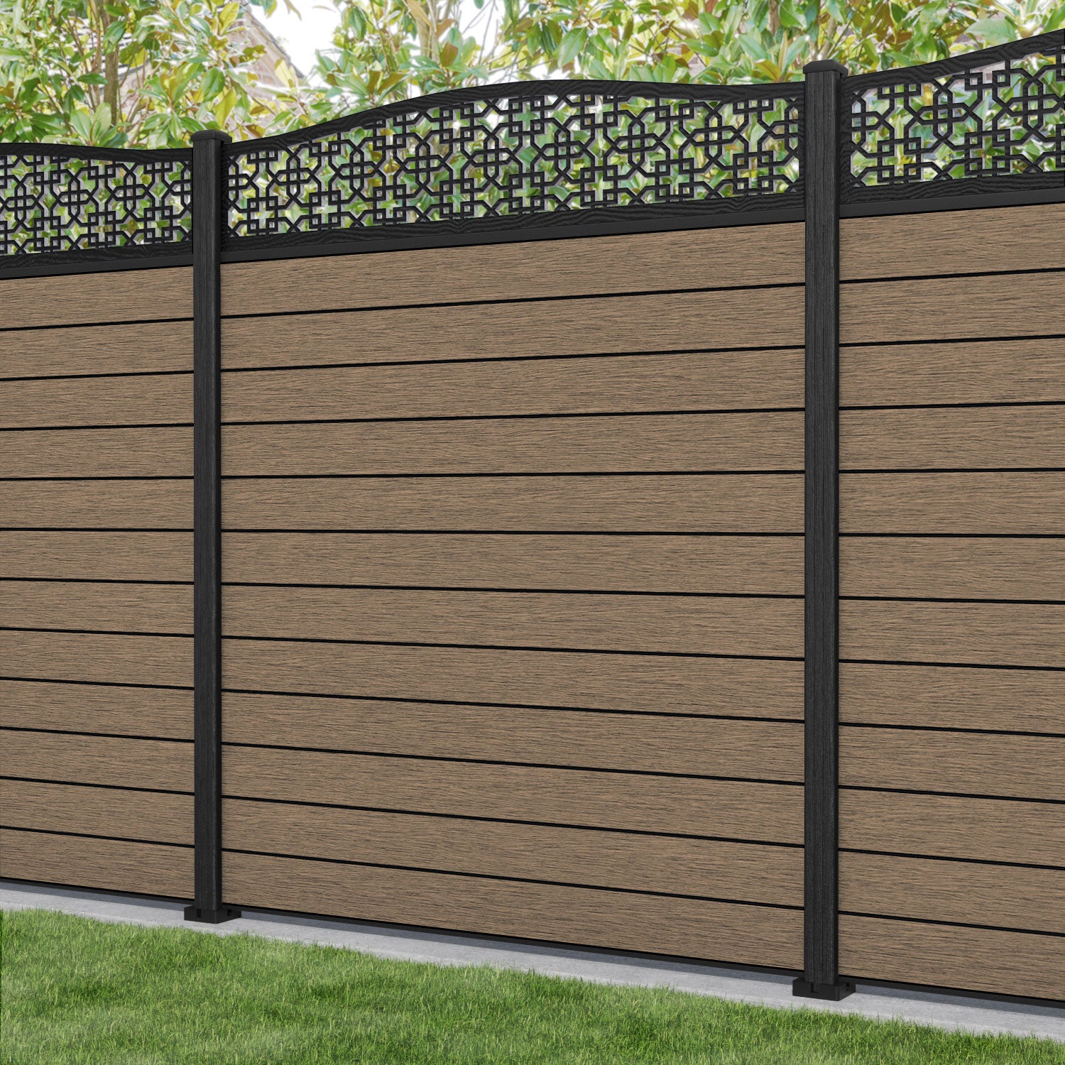 Fusion Zaria Curved Top Fence Panel - Teak - with our composite posts