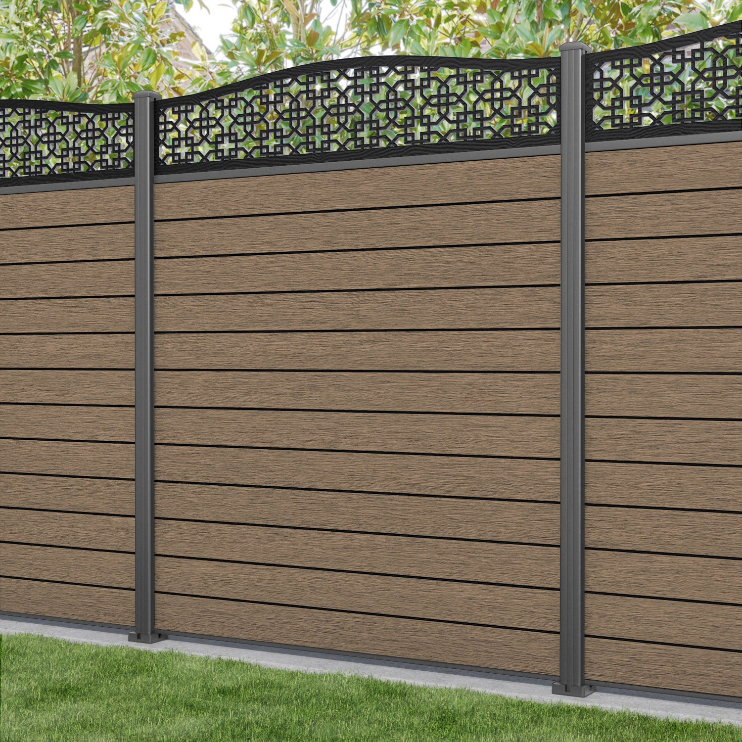 Fusion Zaria Curved Top Fence Panel - Teak - with our aluminium posts