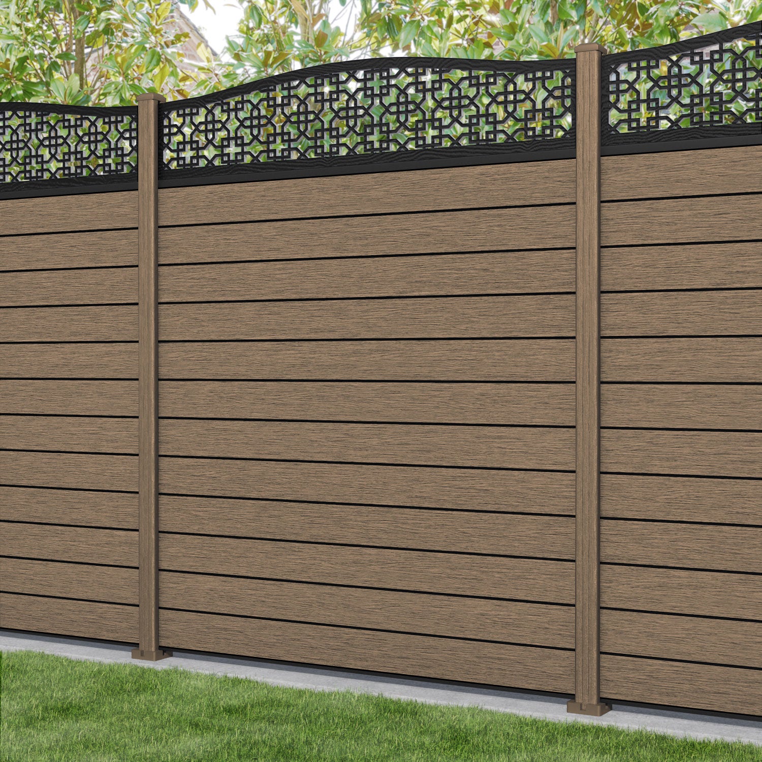 Fusion Zaria Curved Top Fence Panel - Teak - with our composite posts