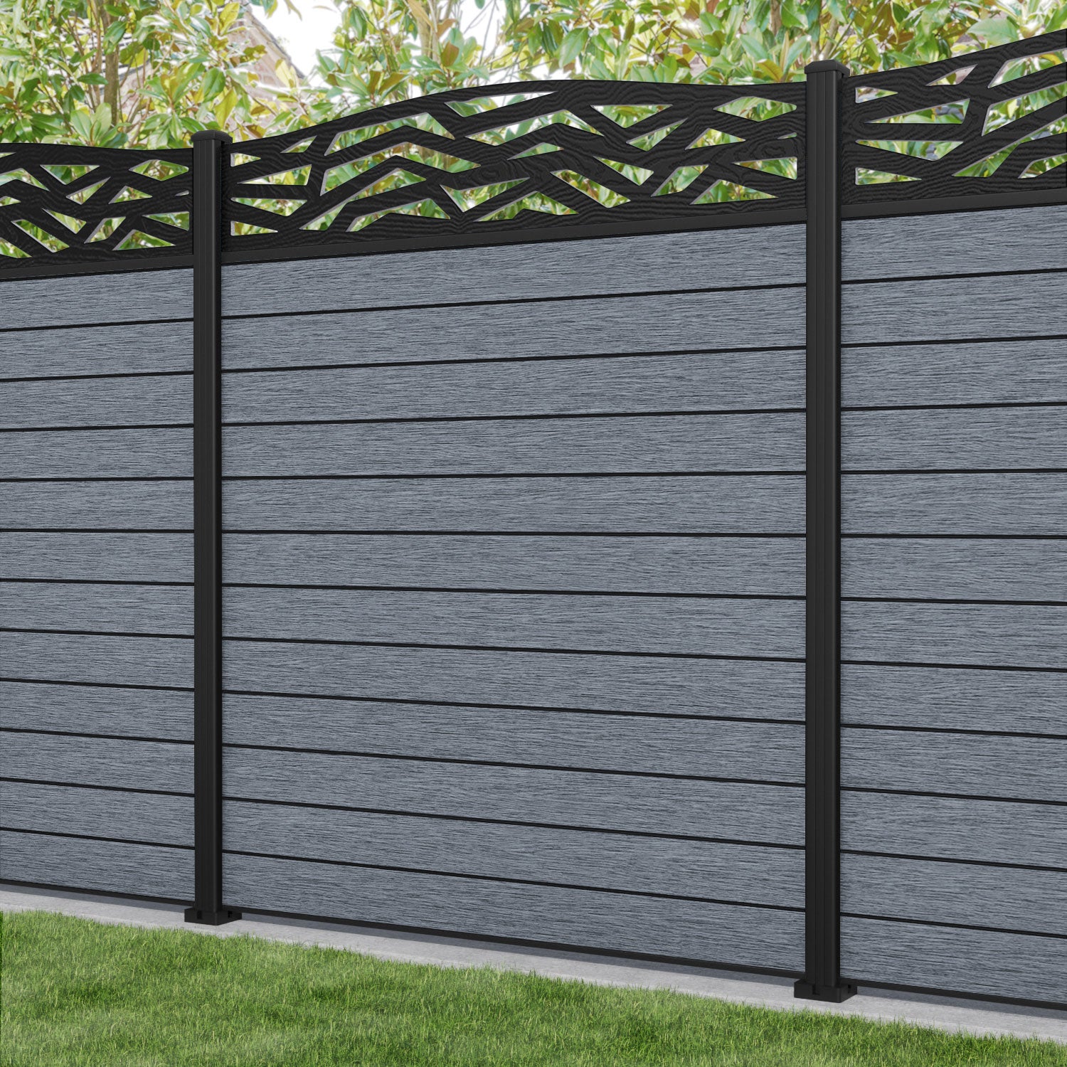 Fusion Zenith Curved Top Fence Panel - Anthracite - with our aluminium posts