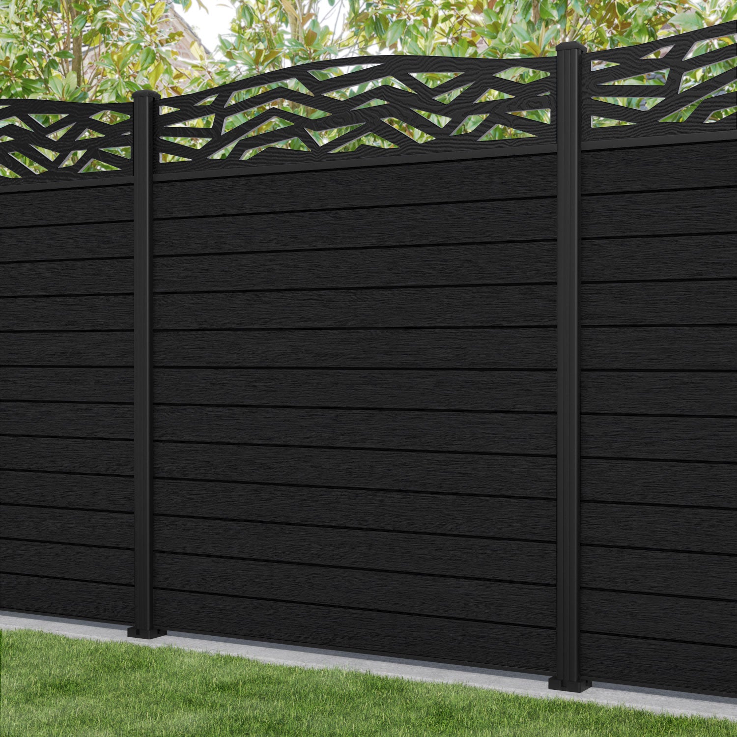Fusion Zenith Curved Top Fence Panel - Black - with our aluminium posts