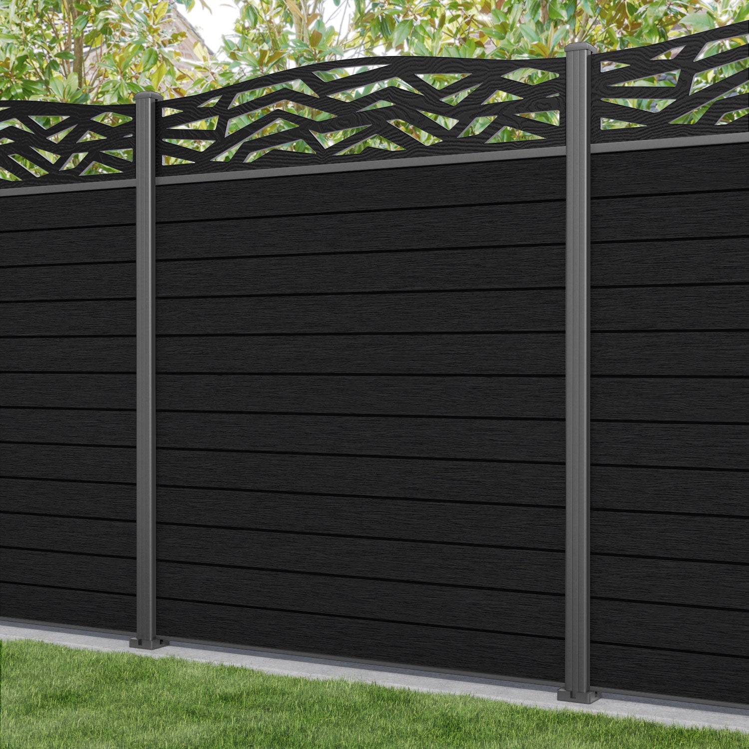 Fusion Zenith Curved Top Fence Panel - Black - with our aluminium posts