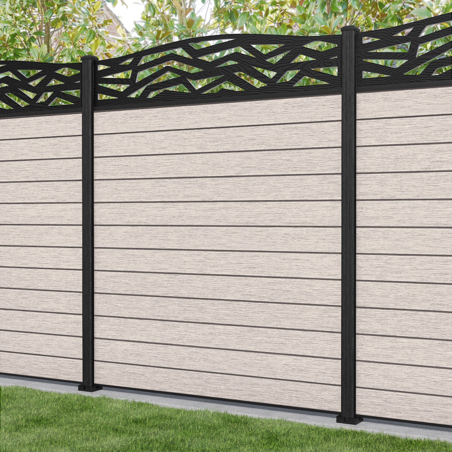 Fusion Zenith Curved Top Fence Panel - Mid Stone - with our composite posts