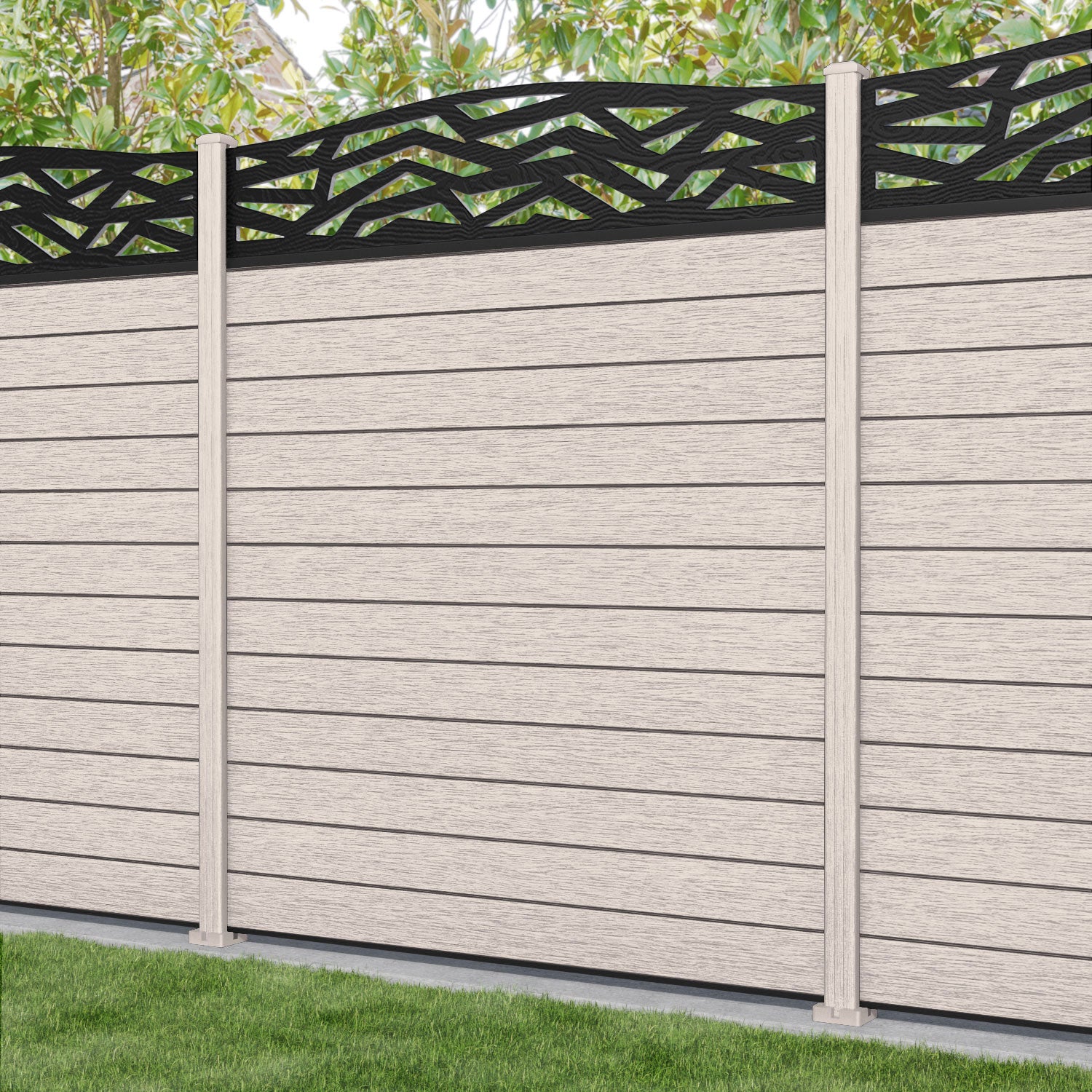 Fusion Zenith Curved Top Fence Panel - Mid Stone - with our composite posts