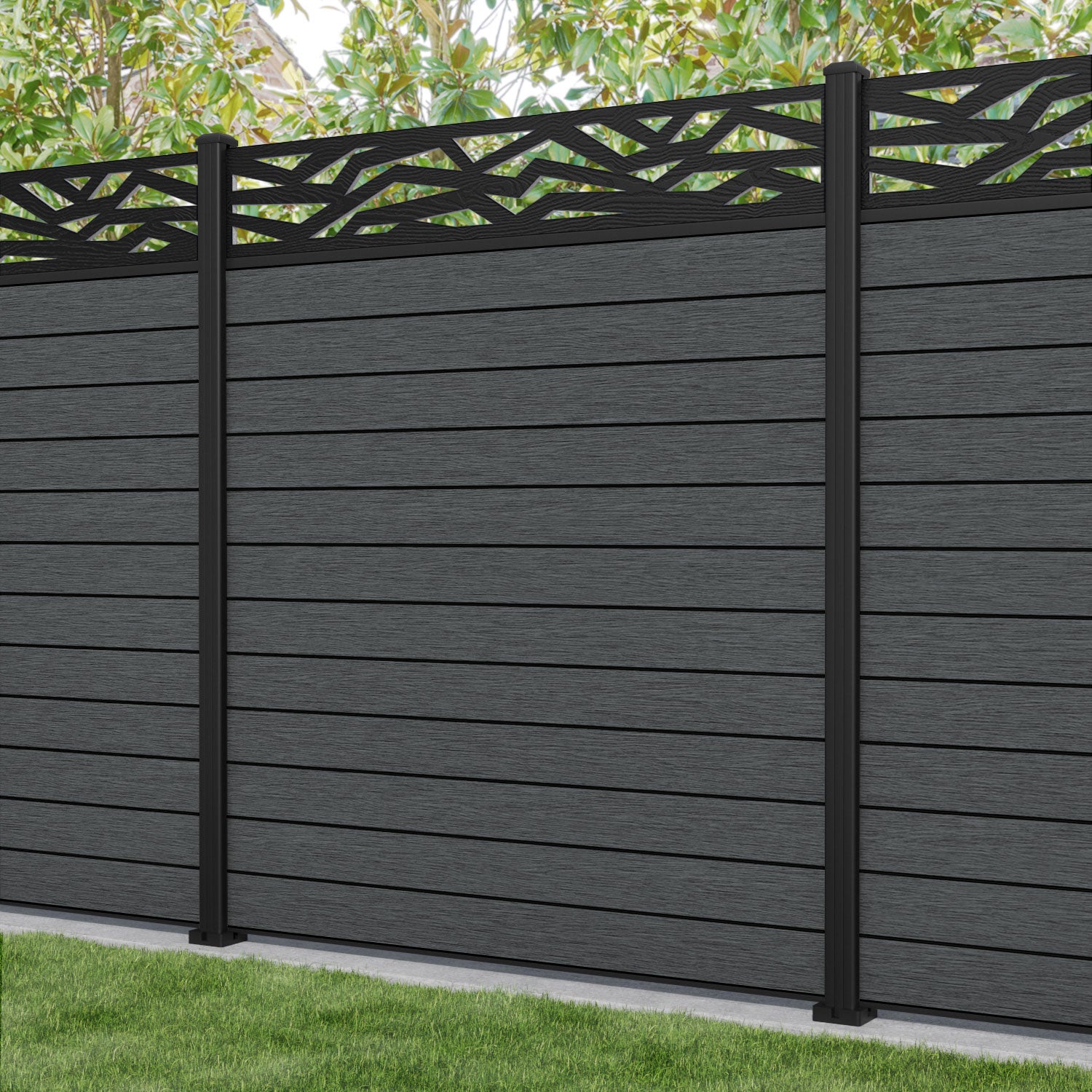 Fusion Zenith Fence Panel - Dark Grey - with our aluminium posts