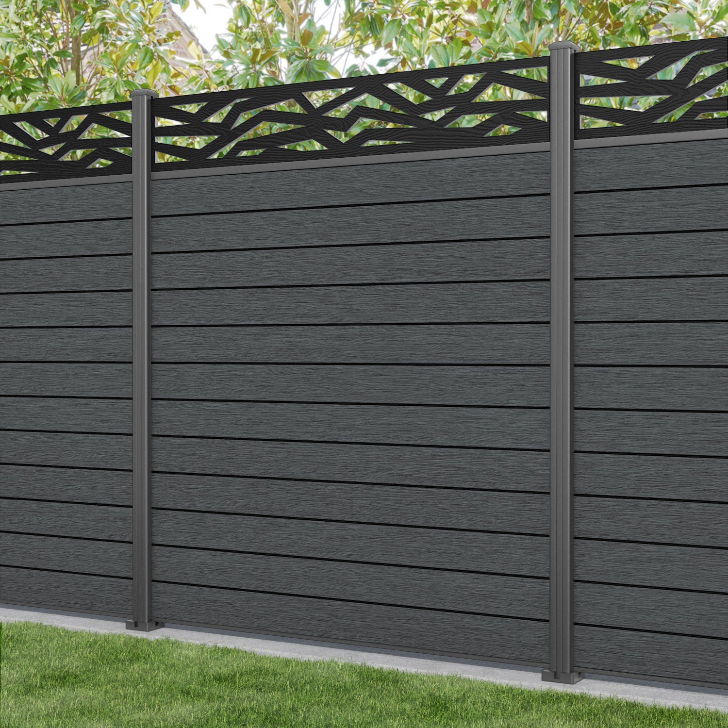 Fusion Zenith Fence Panel - Dark Grey - with our aluminium posts