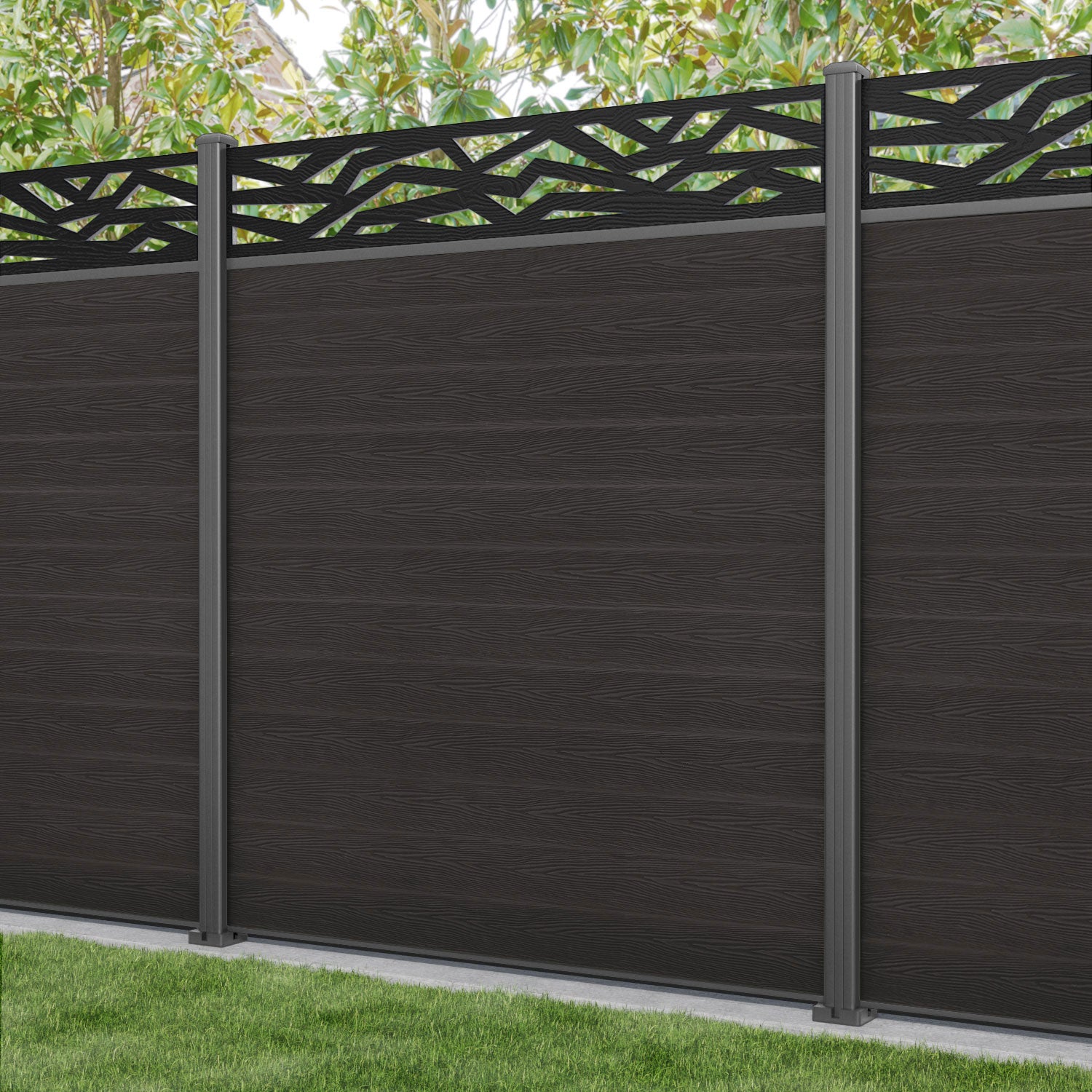 Classic Zenith Fence Panel - Dark Oak - with our aluminium posts