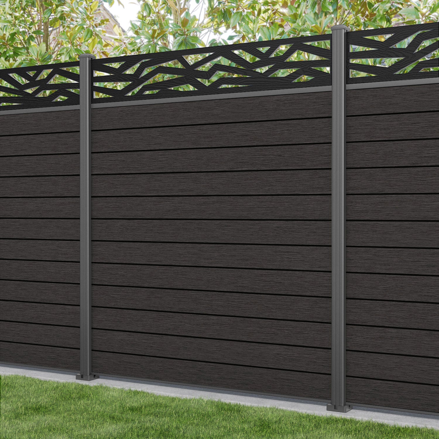 Fusion Zenith Fence Panel - Dark Oak - with our aluminium posts