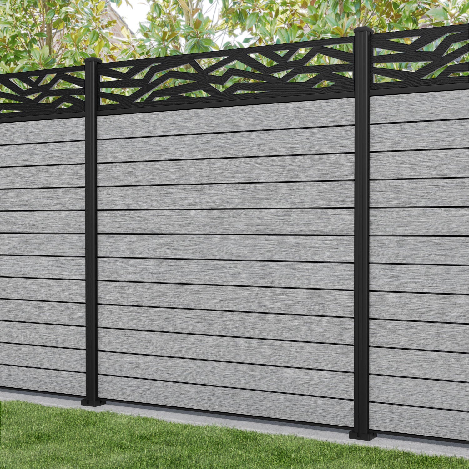 Fusion Zenith Fence Panel - Light Grey - with our aluminium posts