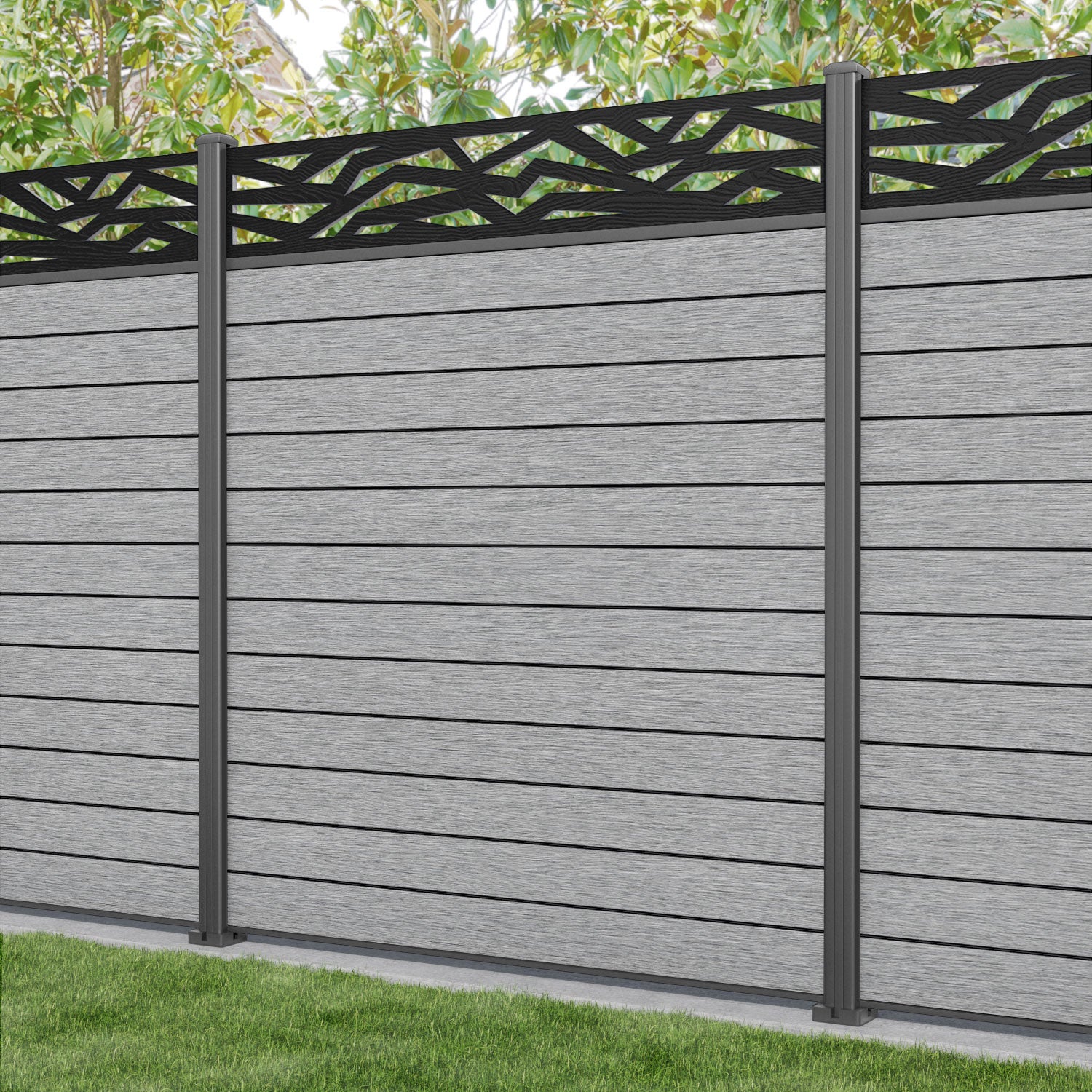 Fusion Zenith Fence Panel - Light Grey - with our aluminium posts