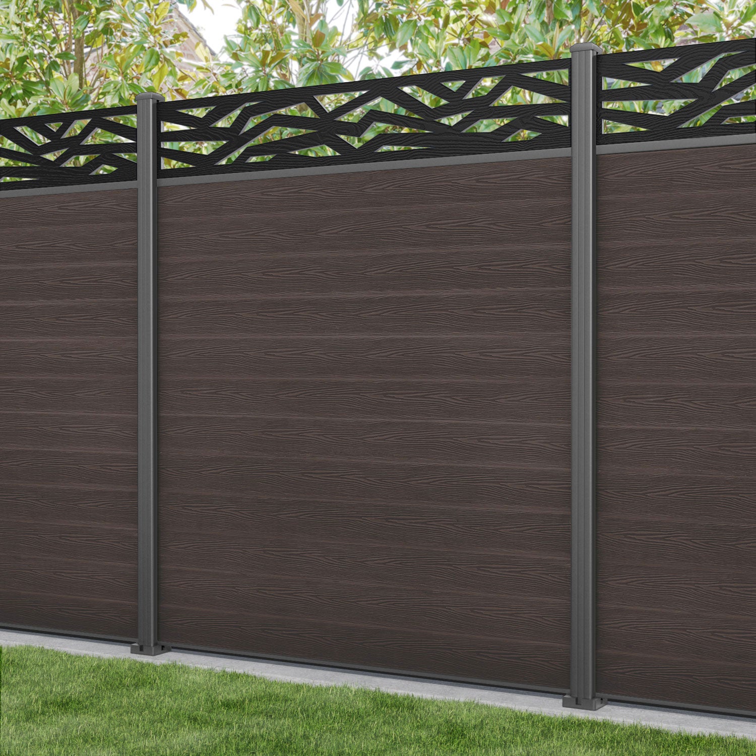 Classic Zenith Fence Panel - Mid Brown - with our aluminium posts
