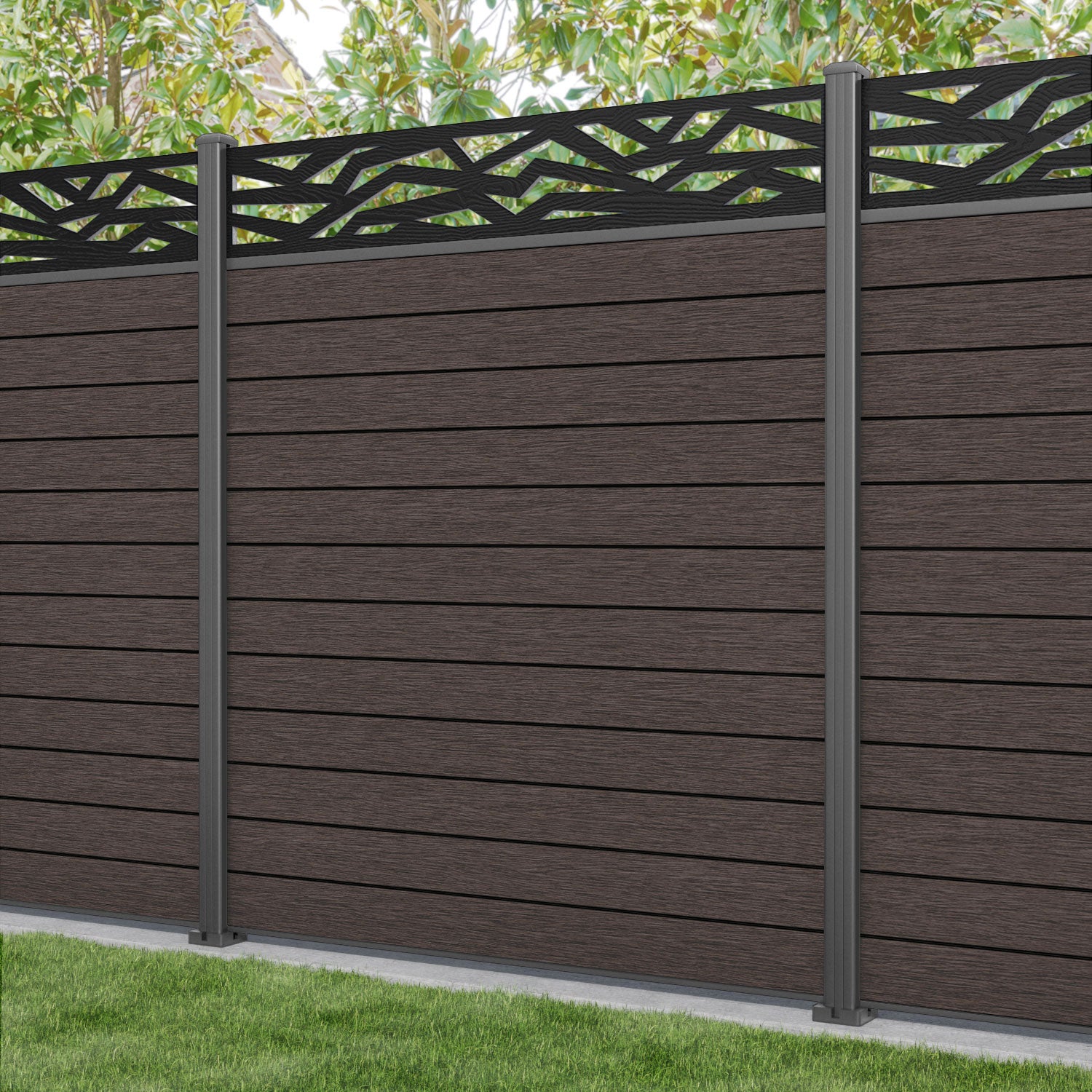 Fusion Zenith Fence Panel - Mid Brown - with our aluminium posts