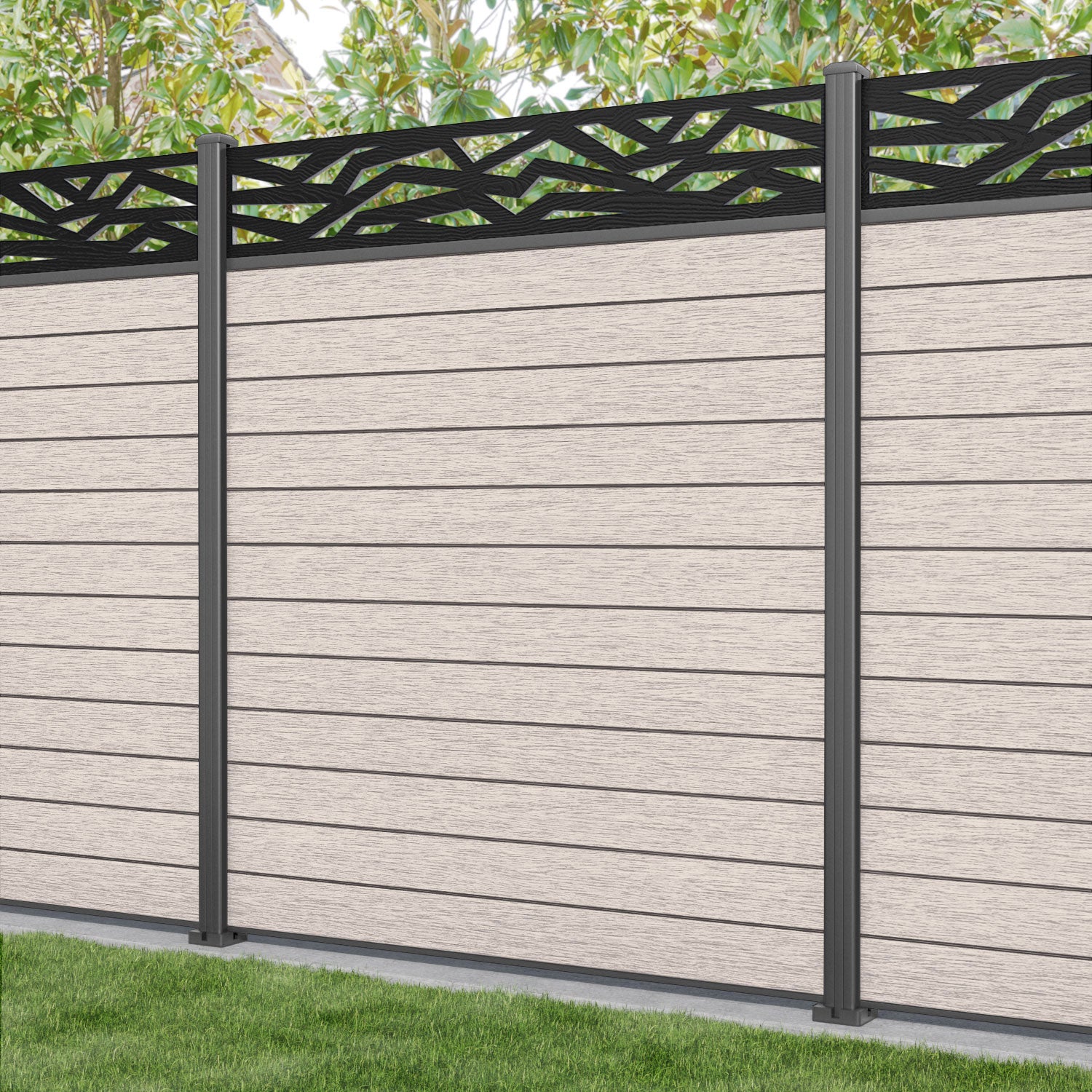 Fusion Zenith Fence Panel - Mid Stone - with our aluminium posts