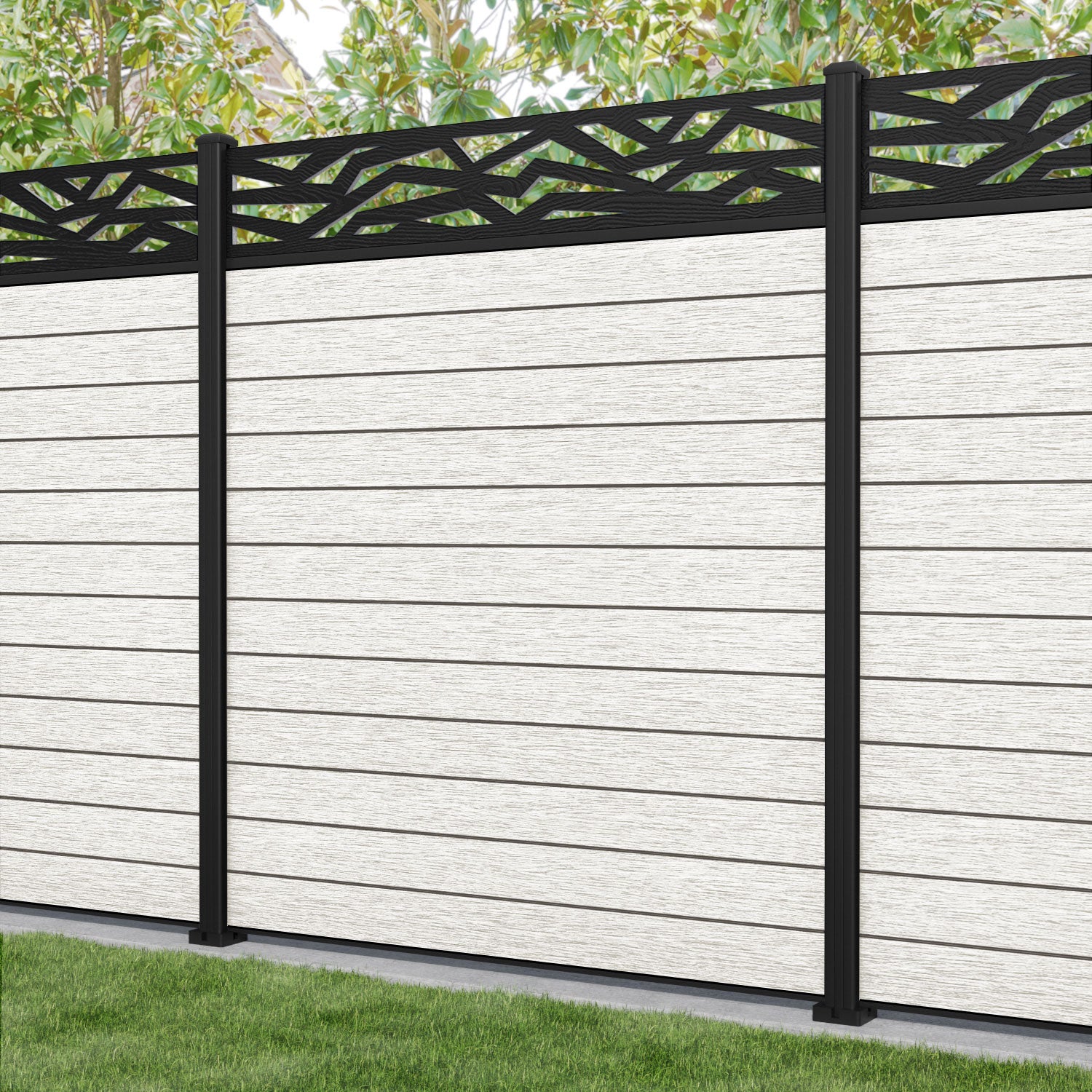 Fusion Zenith Fence Panel - Light Stone - with our aluminium posts
