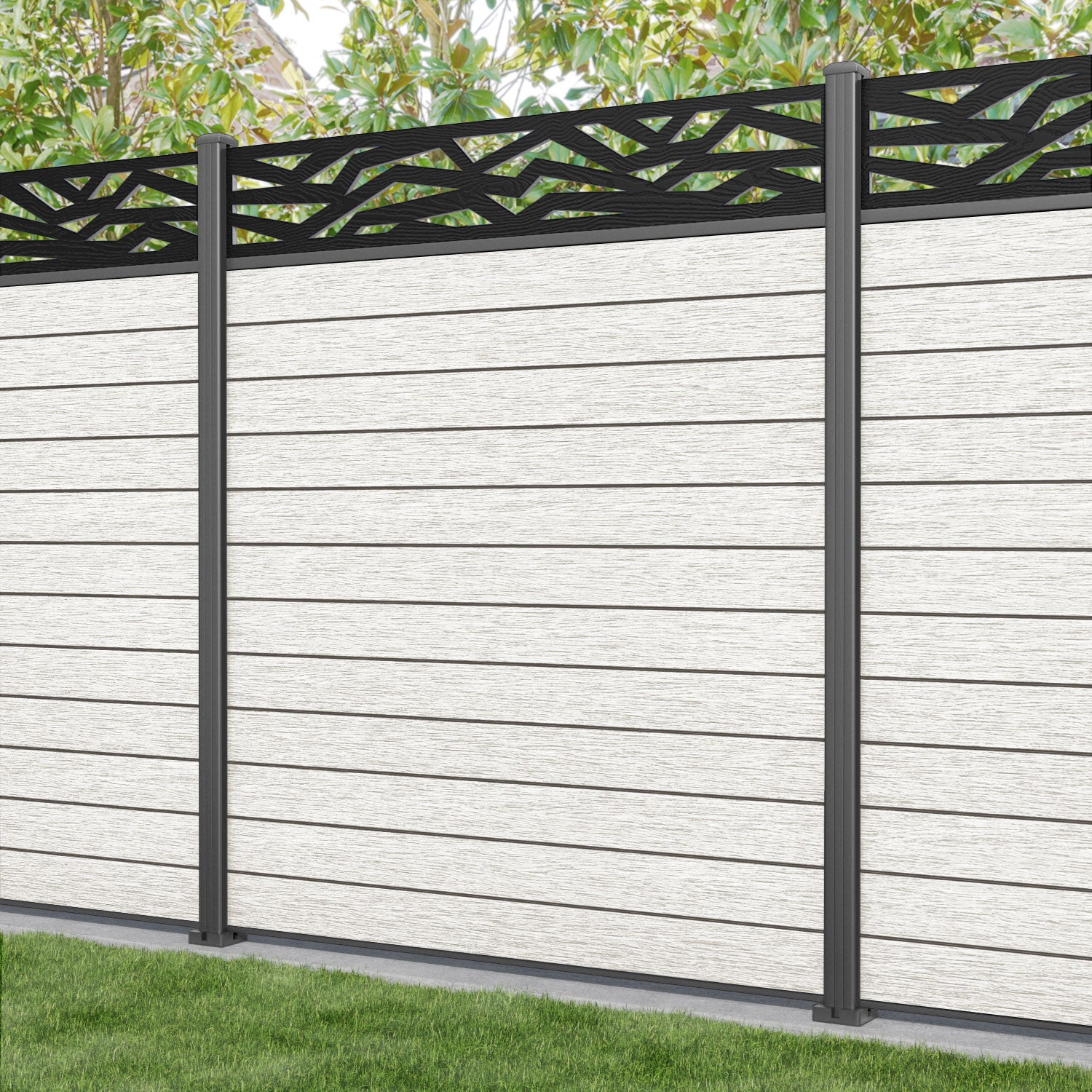 Fusion Zenith Fence Panel - Light Stone - with our aluminium posts