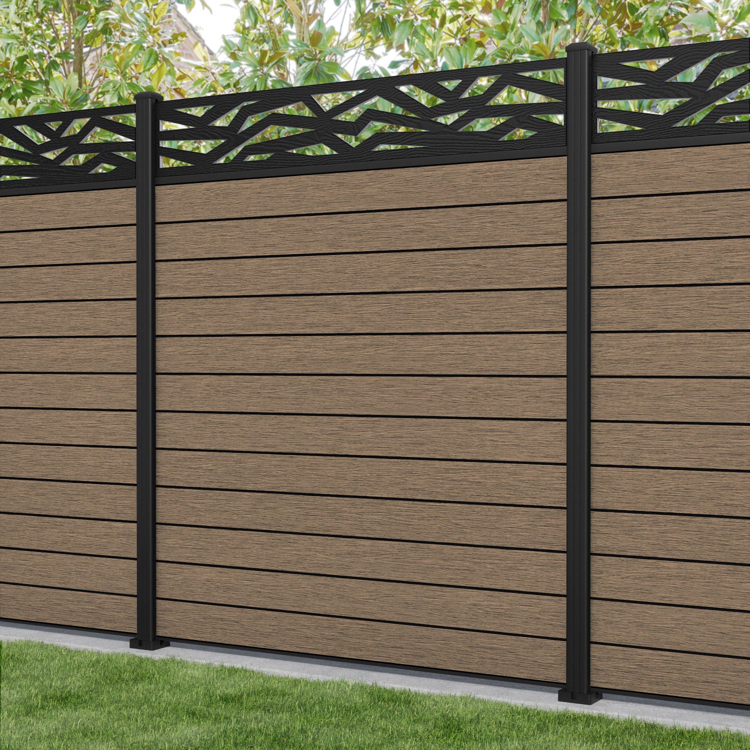 Fusion Zenith Fence Panel - Teak - with our aluminium posts