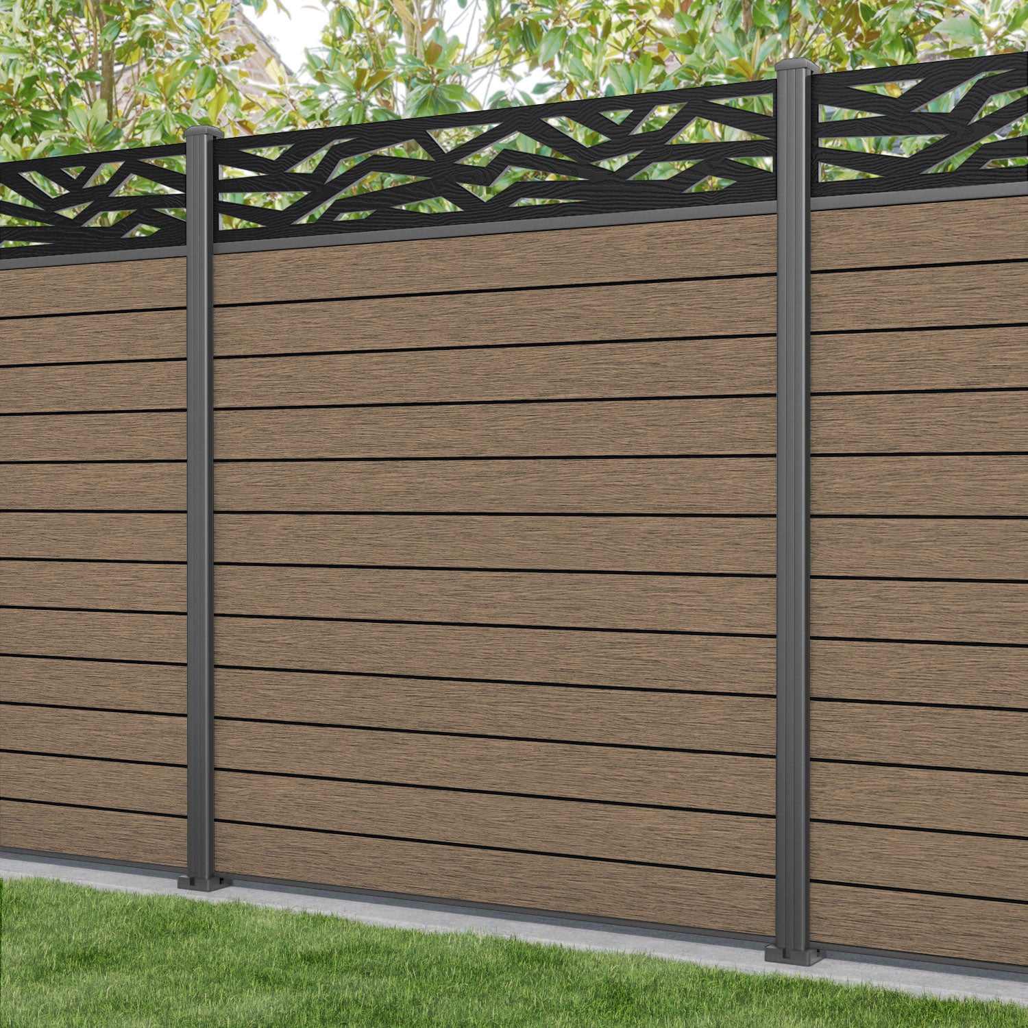 Fusion Zenith Fence Panel - Teak - with our aluminium posts