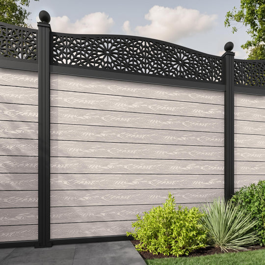 Classic Alnara Curved Top Fence Panel - Mid Stone - with our aluminium posts