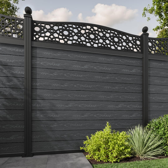 Classic Ambar Curved Top Fence Panel - Dark Grey - with our aluminium posts