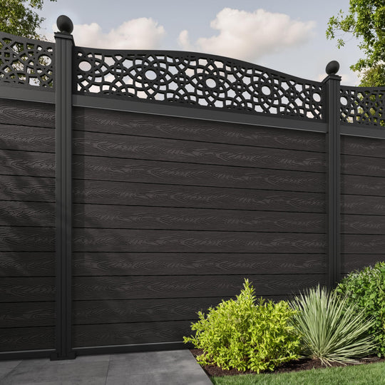 Classic Ambar Curved Top Fence Panel - Dark Oak - with our aluminium posts