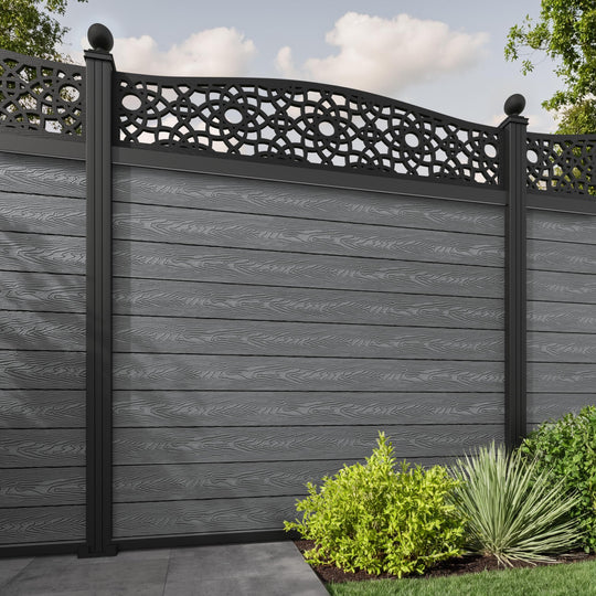 Classic Ambar Curved Top Fence Panel - Mid Grey - with our aluminium posts