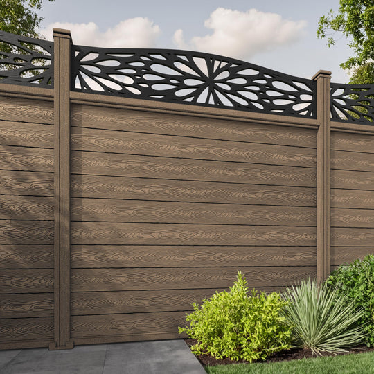 Classic Blossom Curved Top Fence Panel - Teak - with our composite posts