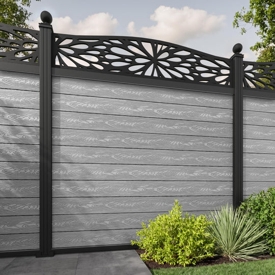 Classic Blossom Curved Top Fence Panel - Light Grey - with our aluminium posts