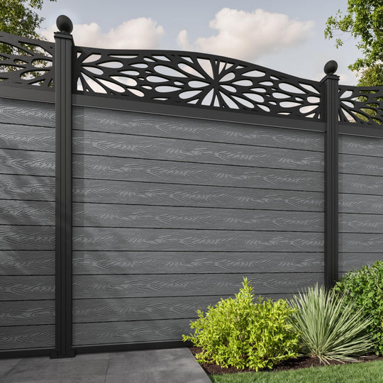 Classic Blossom Curved Top Fence Panel - Mid Grey - with our aluminium posts