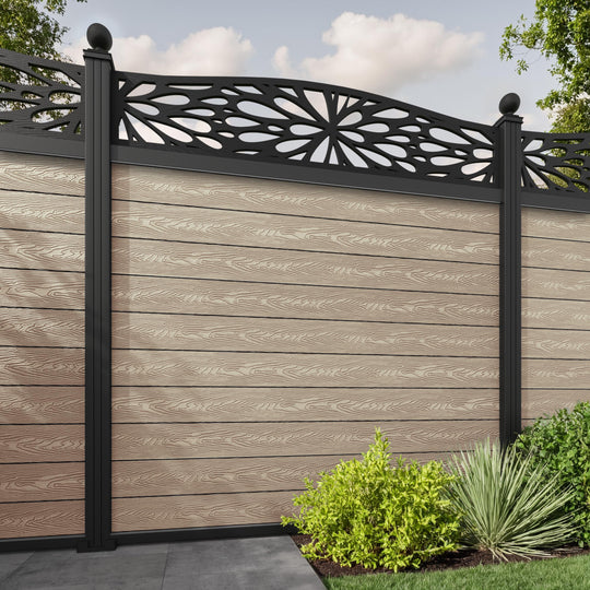 Classic Blossom Curved Top Fence Panel - Light Oak - with our aluminium posts