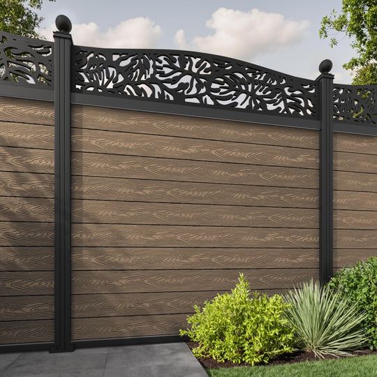 Classic Botanic Curved Top Fence Panel - Teak - with our aluminium posts