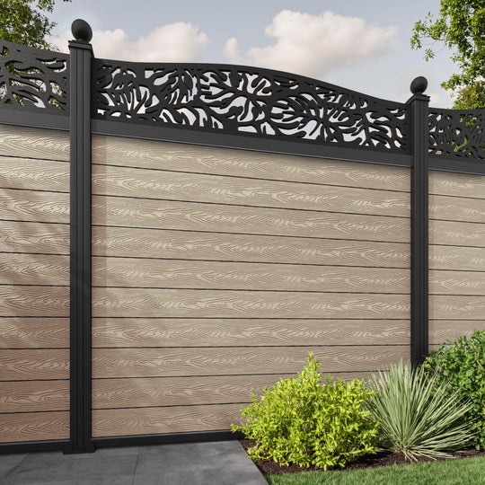 Classic Botanic Curved Top Fence Panel - Light Oak - with our aluminium posts