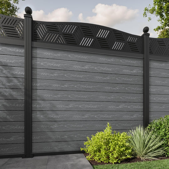 Classic Cubed Curved Top Fence Panel - Mid Grey - with our aluminium posts