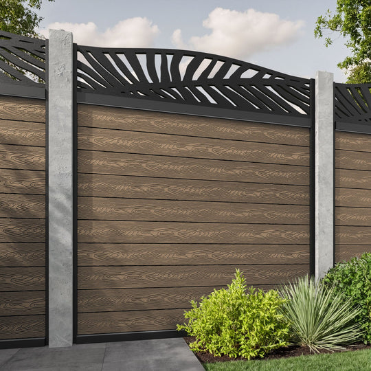Classic Palm Curved Top Fence Panel - Teak - for existing concrete posts