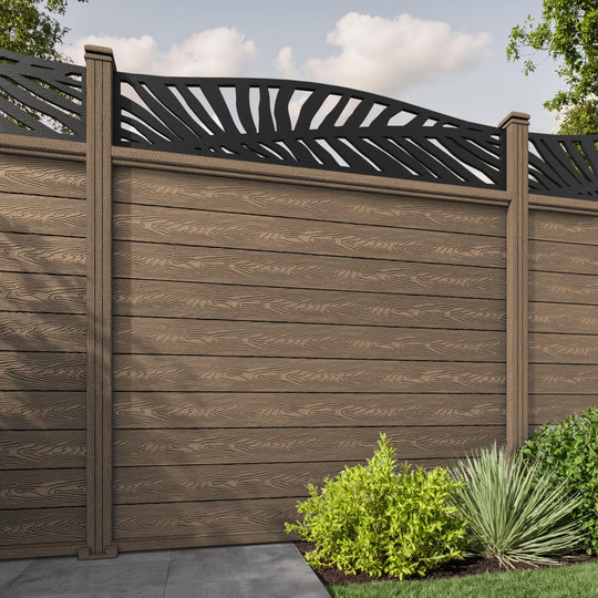 Classic Palm Curved Top Fence Panel - Teak - with our composite posts