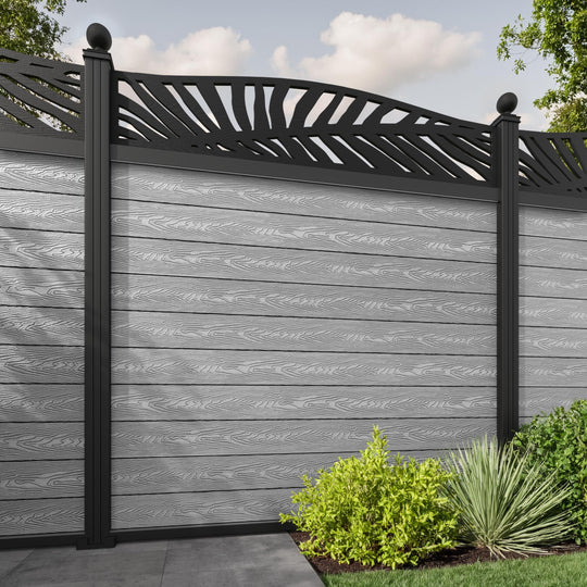 Classic Palm Curved Top Fence Panel - Light Grey - with our aluminium posts