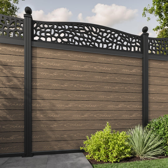 Classic Pebble Curved Top Fence Panel - Teak - with our aluminium posts