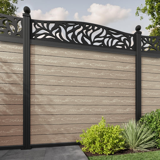 Classic Plume Curved Top Fence Panel - Light Oak - with our aluminium posts