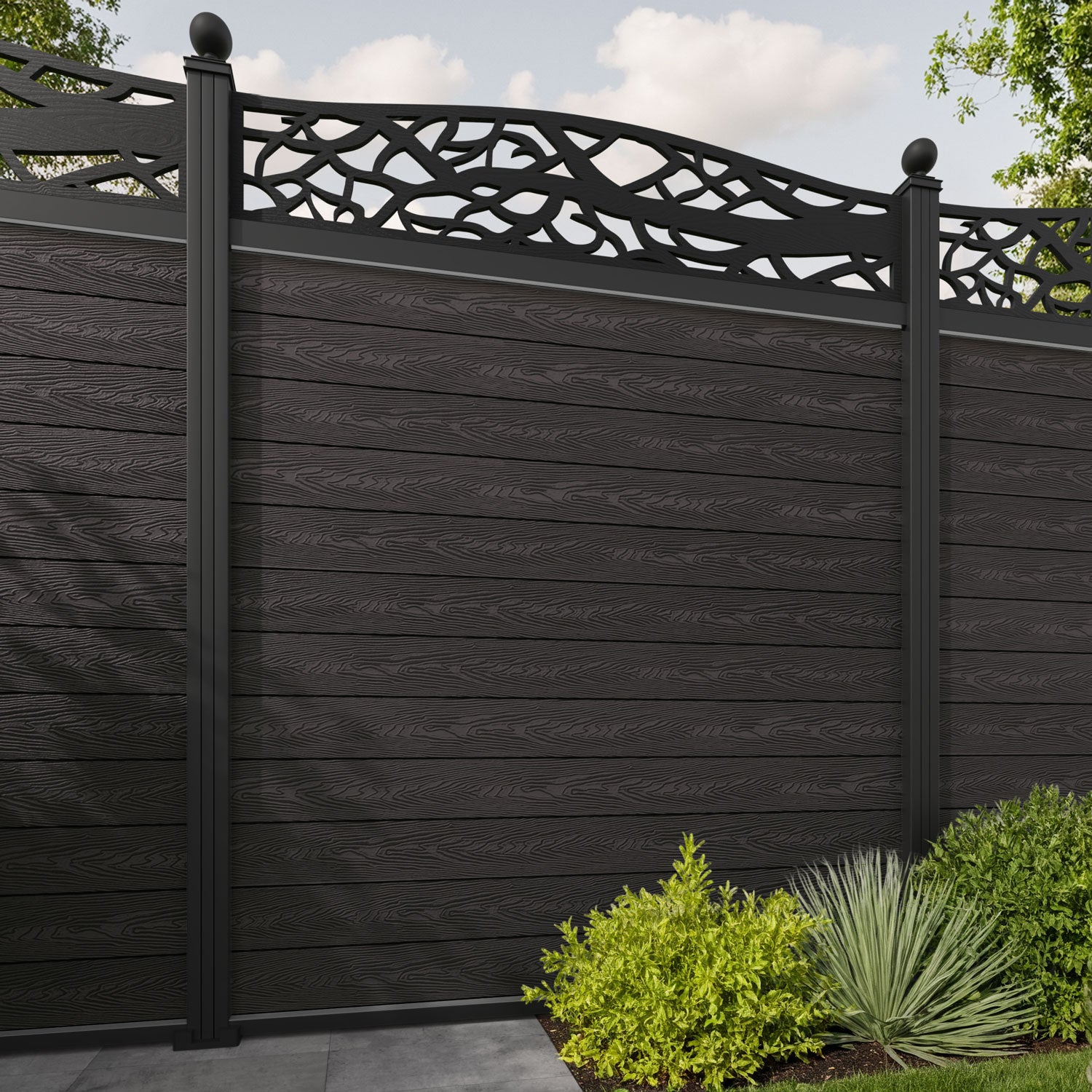 Classic Twilight Curved Top Fence Panel - Dark Oak - with our aluminium posts