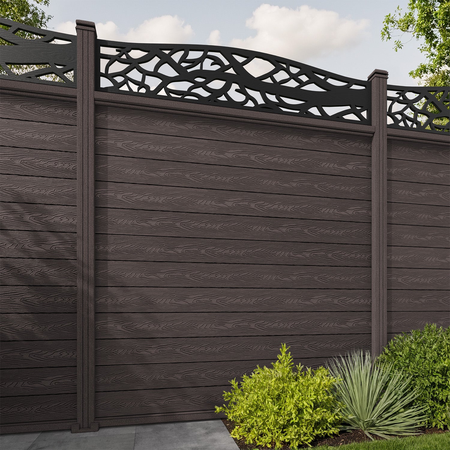 Classic Twilight Curved Top Fence Panel - Mid Brown - with our composite posts