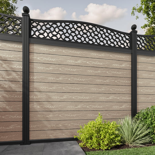 Classic Vida Curved Top Fence Panel - Light Oak - with our aluminium posts