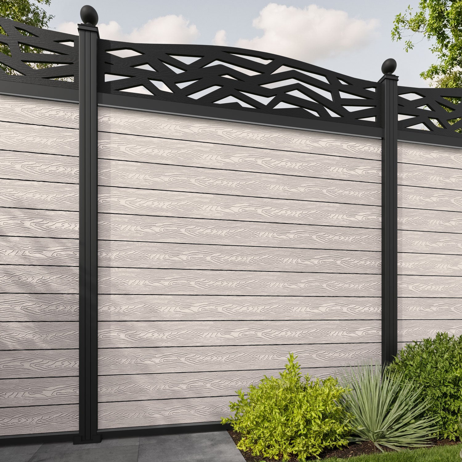 Classic Zenith Curved Top Fence Panel - Mid Stone - with our aluminium posts