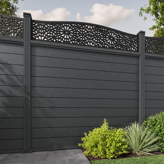 Fusion Alnara Curved Top Fence Panel - Dark Grey - with our composite posts