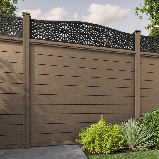 Fusion Alnara Curved Top Fence Panel - Teak - with our composite posts
