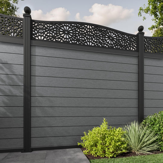 Fusion Alnara Curved Top Fence Panel - Mid Grey - with our aluminium posts