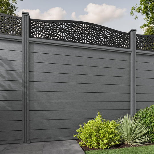 Fusion Alnara Curved Top Fence Panel - Mid Grey - with our composite posts