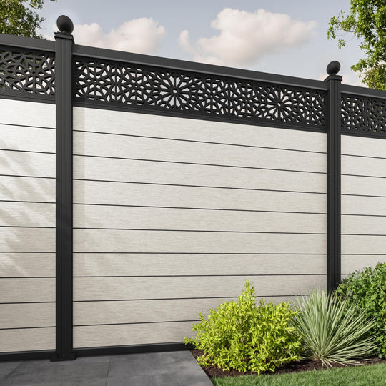 Fusion Alnara Fence Panel - Light Stone - with our aluminium posts