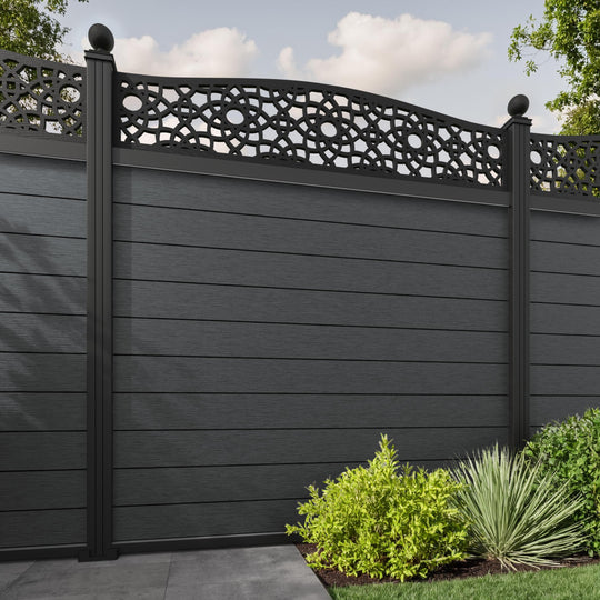 Fusion Ambar Curved Top Fence Panel - Dark Grey - with our aluminium posts