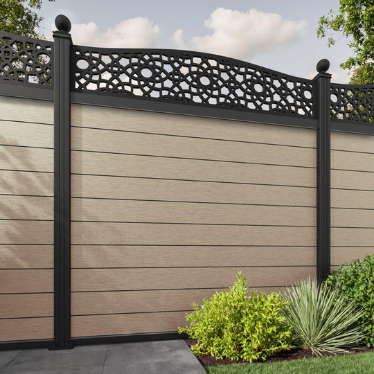 Fusion Ambar Curved Top Fence Panel - Light Oak - with our aluminium posts