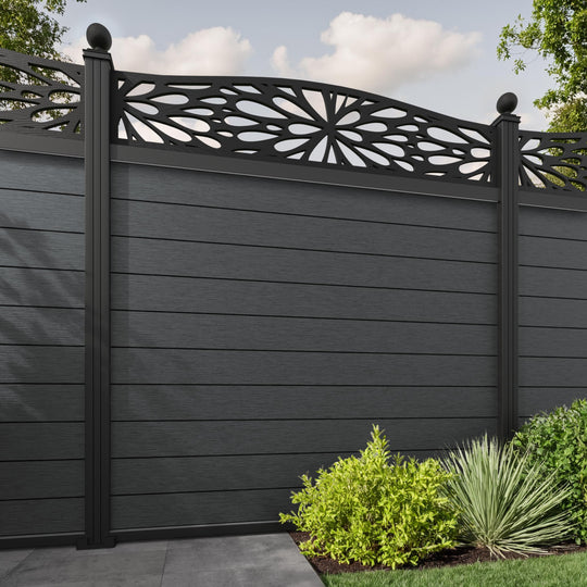 Fusion Blossom Curved Top Fence Panel - Dark Grey - with our aluminium posts