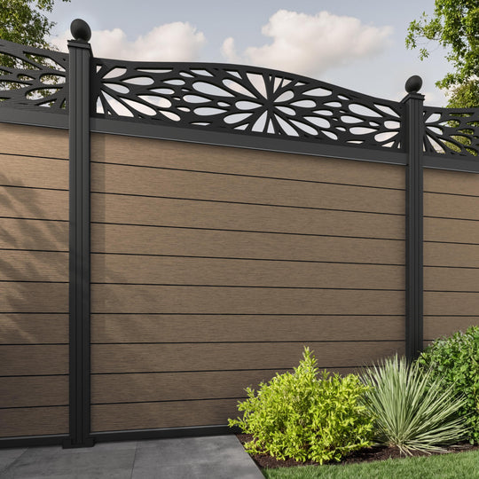 Fusion Blossom Curved Top Fence Panel - Teak - with our aluminium posts
